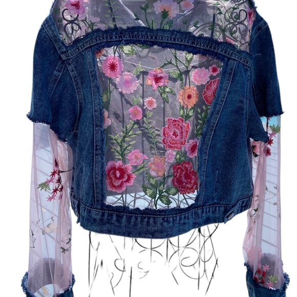 Custom Jean Jacket with Inlayed Embroidered Mesh Sz L NWT - Picture 5 of 14